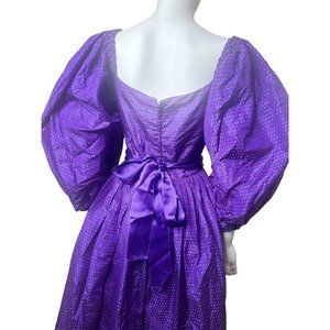 1970s Richilene purple neon polka dots Silk Maxi Dress Boho puff Sleeve VTG